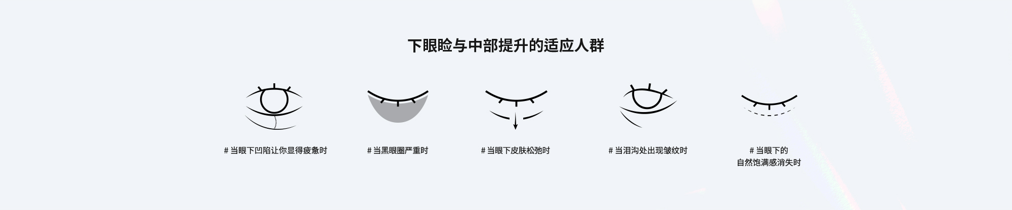 [下眼睑与中部提升的适应人群] # 当眼下凹陷让你显得疲惫时  # 当黑眼圈严重时  # 当眼下皮肤松弛时  # 当泪沟处出现皱纹时  # 当眼下的自然饱满感消失时