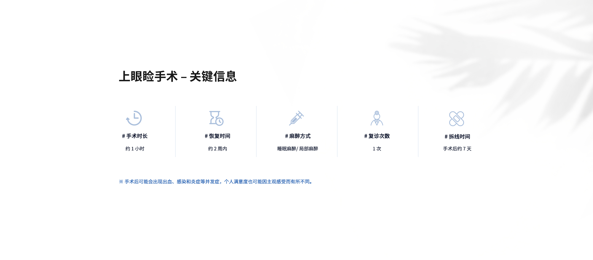 [上眼睑手术 – 关键信息] # 手术时长 : 约 1 小时  # 恢复时间 : 约 2 周内  # 麻醉方式 : 睡眠麻醉/ 局部麻醉  # 复诊次数 : 1 次  # 拆线时间 : 手术后约 7 天  