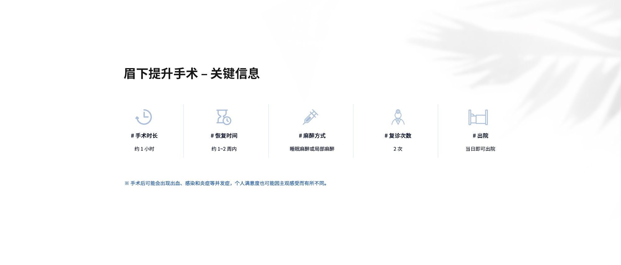 [眉下提升手术 – 关键信息] # 手术时长 : 约 1 小时  # 恢复时间 : 约 1~2 周内  # 麻醉方式 : 睡眠麻醉或局部麻醉  # 复诊次数 : 2 次  # 出院 : 当日即可出院