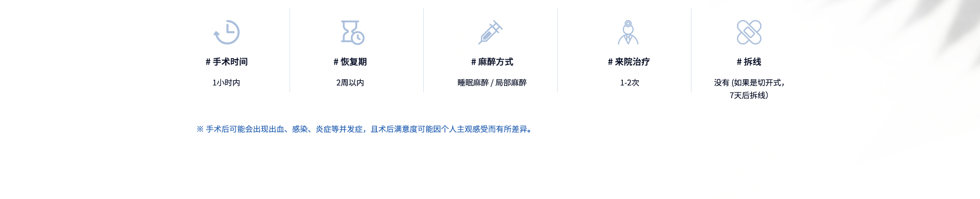 # 手术时间 : 1小时内  /  # 恢复期 : 2周以内  /  # 麻醉方式 : 睡眠麻醉 / 局部麻醉  /  # 来院治疗 : 1-2次  /  # 拆线 : 没有 (如果是切开式，7天后拆线）