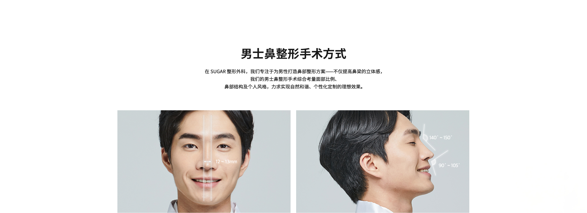 [男士鼻整形手术方式] 在 SUGAR 整形外科，我们专注于为男性打造鼻部整形方案——不仅提高鼻梁的立体感，我们的男士鼻整形手术综合考量面部比例、鼻部结构及个人风格，力求实现自然和谐、个性化定制的理想效果。