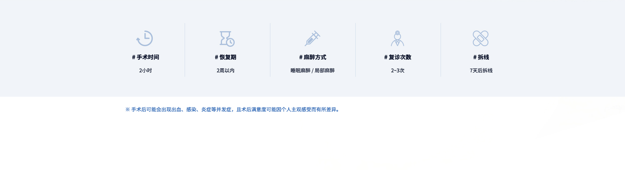 #手术时间 : 2小时  #恢复期 : 2周以内  #麻醉方式 : 睡眠麻醉 / 局部麻醉  #复诊次数 : 2~3次  #拆线 : 7天后拆线