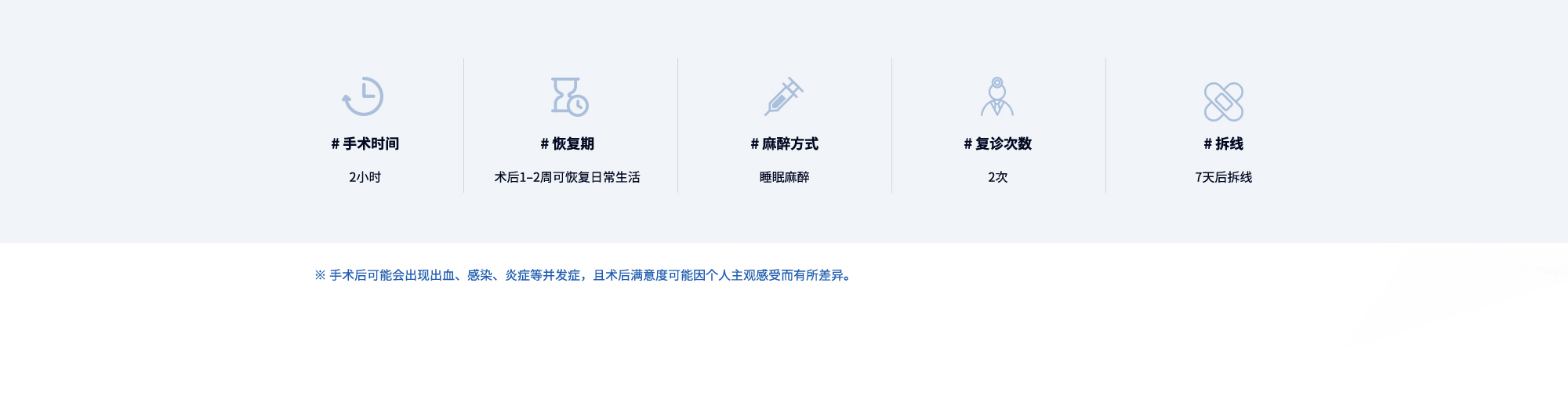 #手术时间 : 2小时  #恢复期 : 术后1–2周可恢复日常生活  #麻醉方式 : 睡眠麻醉  #复诊次数 : 2次  #拆线 : 7天后拆线