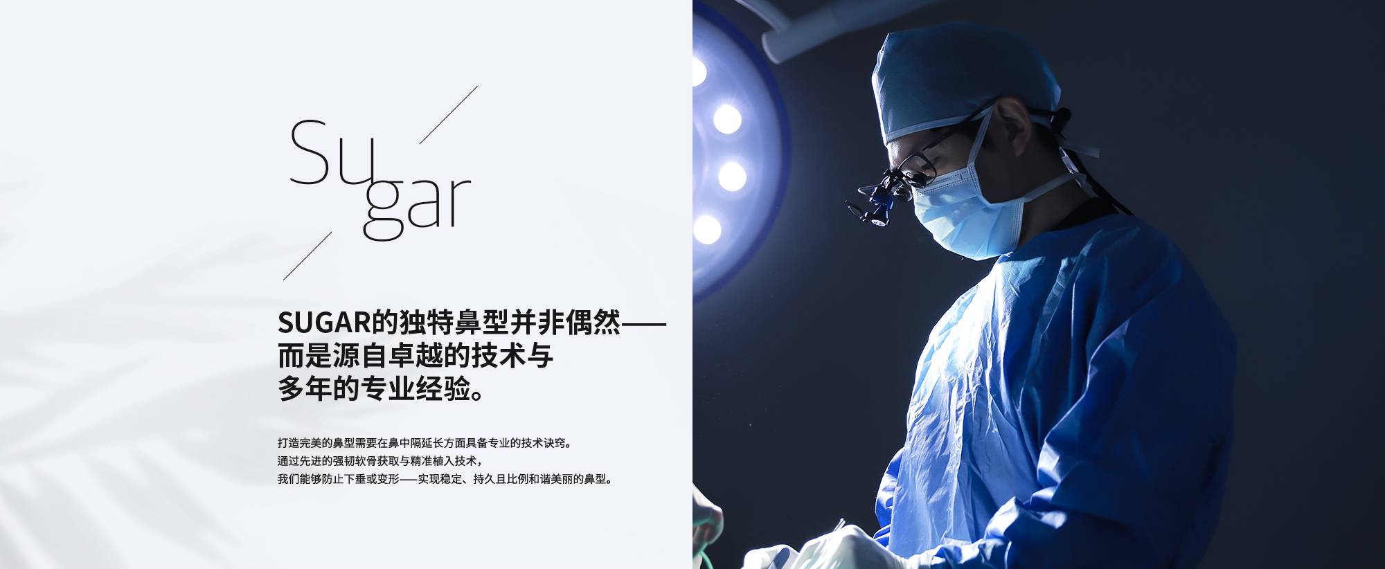 [SUGAR的独特鼻型并非偶然——而是源自卓越的技术与多年的专业经验。] 打造完美的鼻型需要在鼻中隔延长方面具备专业的技术诀窍。通过先进的强韧软骨获取与精准植入技术，我们能够防止下垂或变形——实现稳定、持久且比例和谐美丽的鼻型。