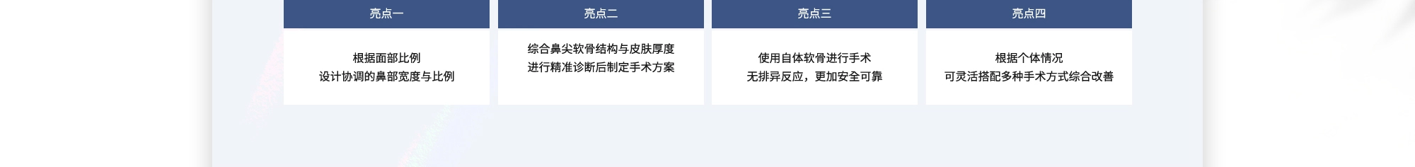 亮点一 : 根据面部比例设计协调的鼻部宽度与比例 | 亮点二 : 综合鼻尖软骨结构与皮肤厚度进行精准诊断后制定手术方案 | 亮点三 : 使用自体软骨进行手术无排异反应，更加安全可靠 | 亮点四 : 根据个体情况可灵活搭配多种手术方式综合改善