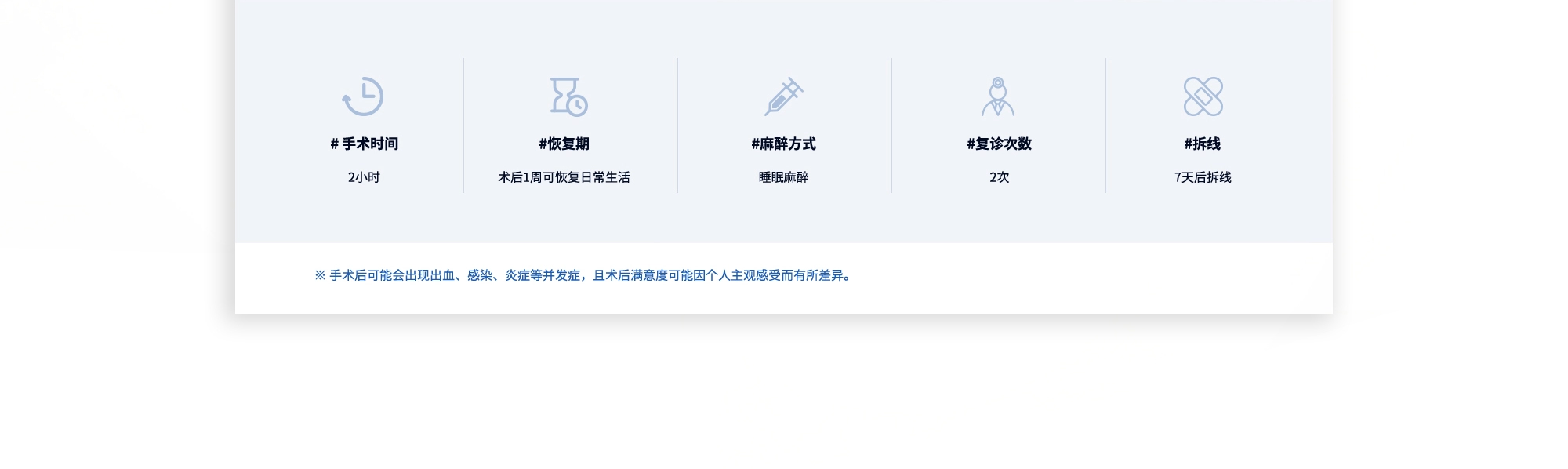 [短鼻整形手术– 主要信息] #手术时间 : 2小时  #恢复期 : 术后1周可恢复日常生活  #麻醉方式 : 睡眠麻醉  #复诊次数 : 2次  #拆线 : 7天后拆线