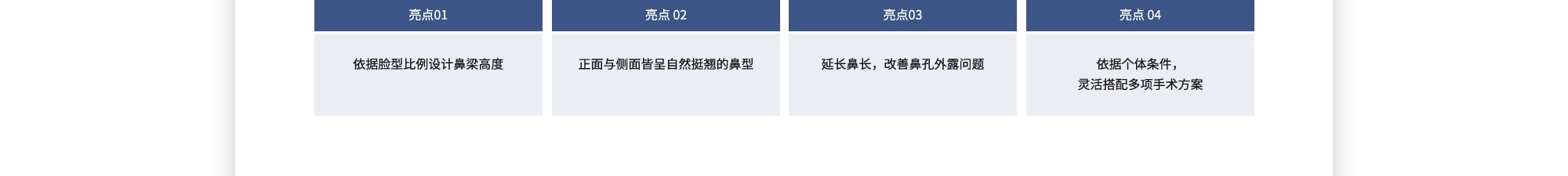亮点 01 : 依据脸型比例设计鼻梁高度 | 亮点 02 : 正面与侧面皆呈自然挺翘的鼻型 | 亮点 03 : 延长鼻长，改善鼻孔外露问题 | 亮点 04 : 依据个体条件，灵活搭配多项手术方案