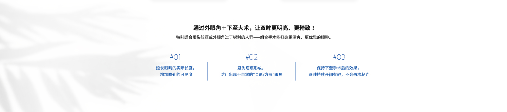 通过外眼角＋下至大术，让双眸更明亮、更精致！ 特别适合眼裂较短或外眼角过于锐利的人群——组合手术能打造更清爽、更优雅的眼神。 | #01 : 延长眼睛的实际长度，增加瞳孔的可见度  #02 : 避免疤痕形成，防止出现不自然的“ㄷ形/方形”眼角  #03 : 保持下至手术后的效果，眼神持续开阔有神，不会再次粘连